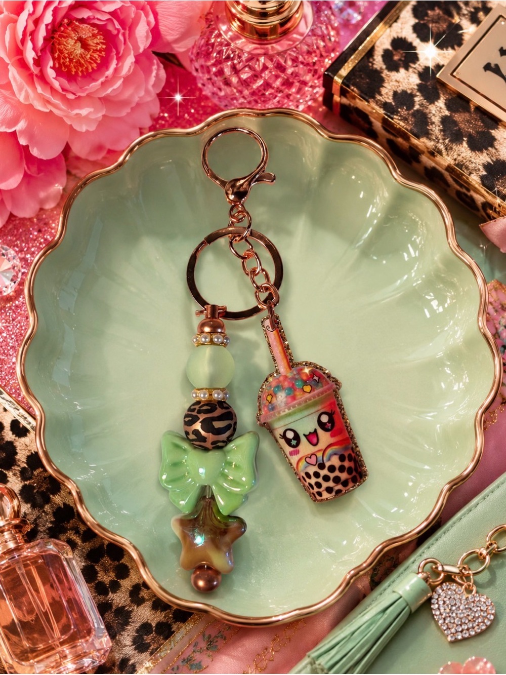 Hand Crafted Mint Green Kawaii Bubble Tea & Bow Keychain